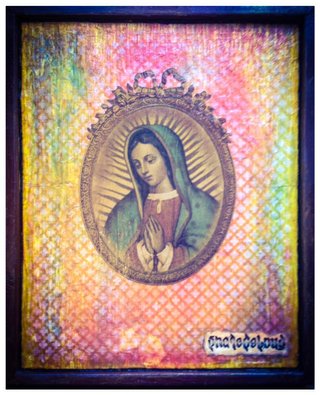 Our Lady of Guadalupe - Framed paper collage, acrylic, and spray paint on canvas.